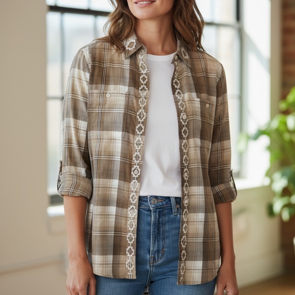 Ralph Lauren Brown and Cream Plaid  women Button-Down Shirt size small